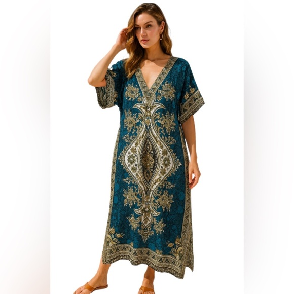 Phases Boho Caftan Maxi Dress One Size Blue Black Floral Ethnic Drawstring - Picture 1 of 10
